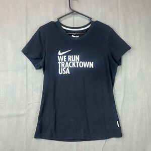 Nike Dri-FIT "We Run Tracktown USA" T-shirt Women's size Large Black with Wings